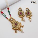 Ritvi Kareena Mint Meena Gold Polish Pendant Set - Image 2